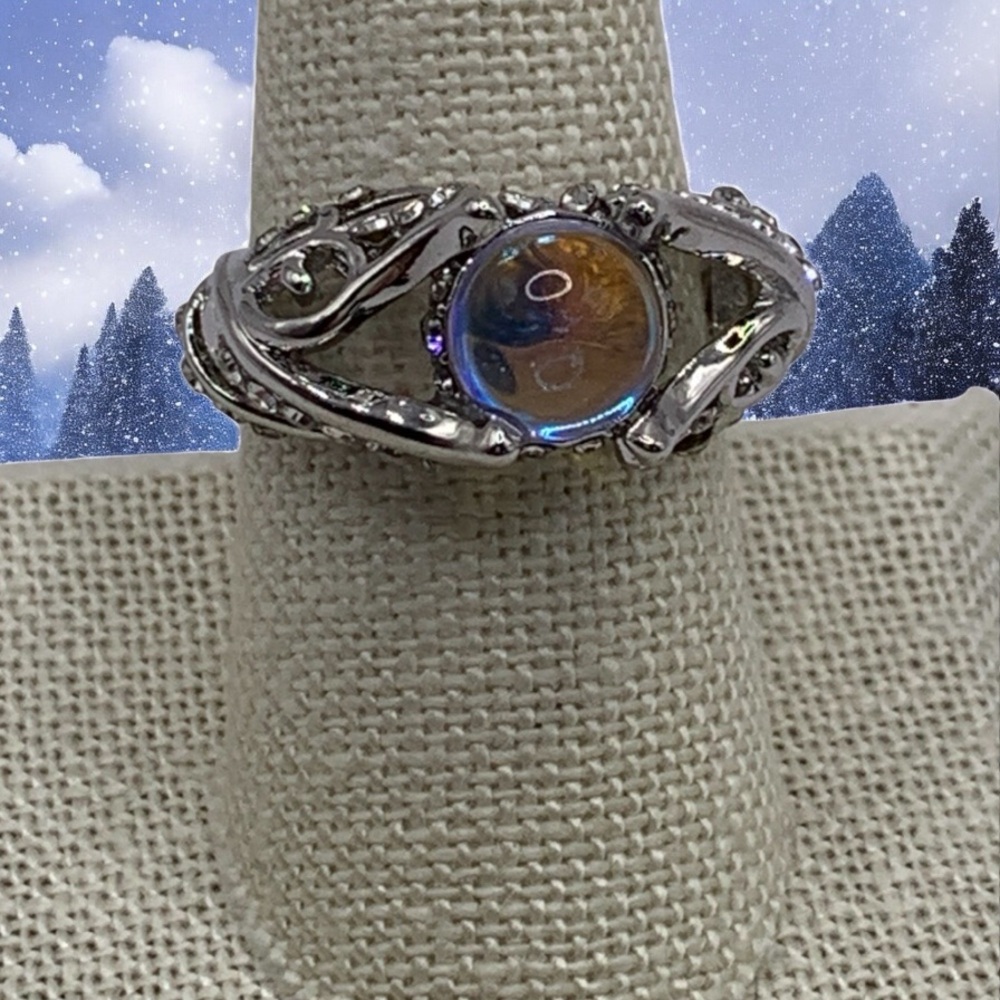 Silver Dragon Claw Crystal Ball Ring with Iridescent Stone